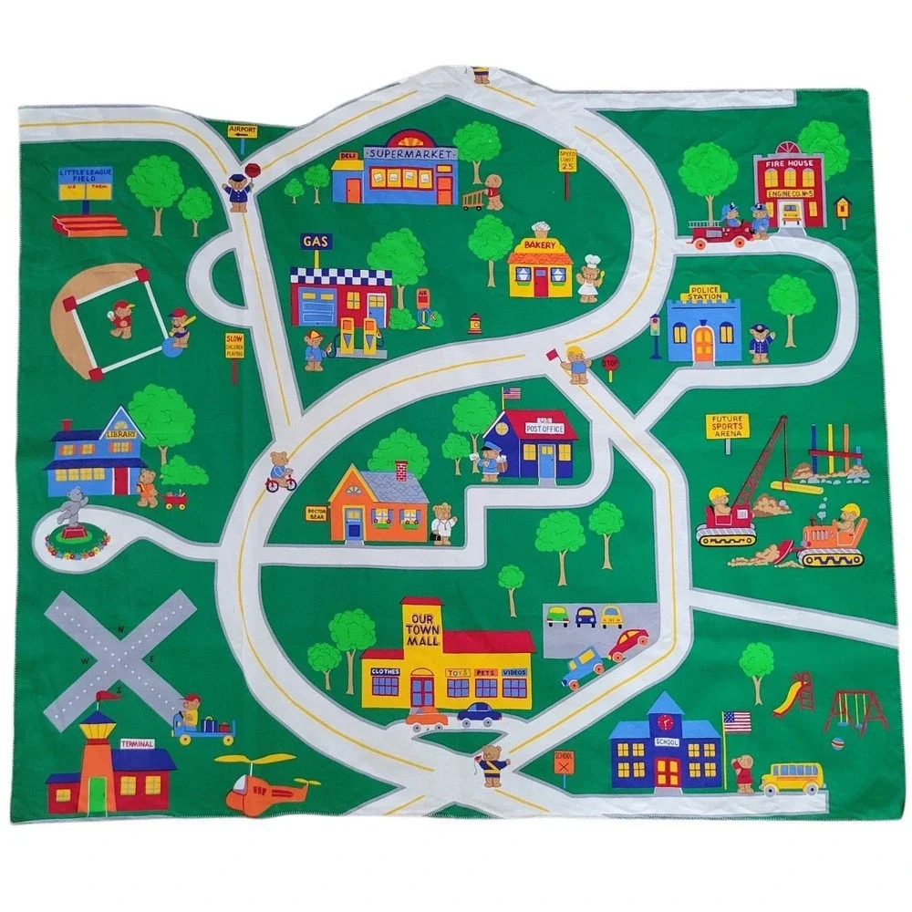Vintage Kids Our Town Teddy Bear Road Map Play Mat Fabric Panel Traffic 44x36.5